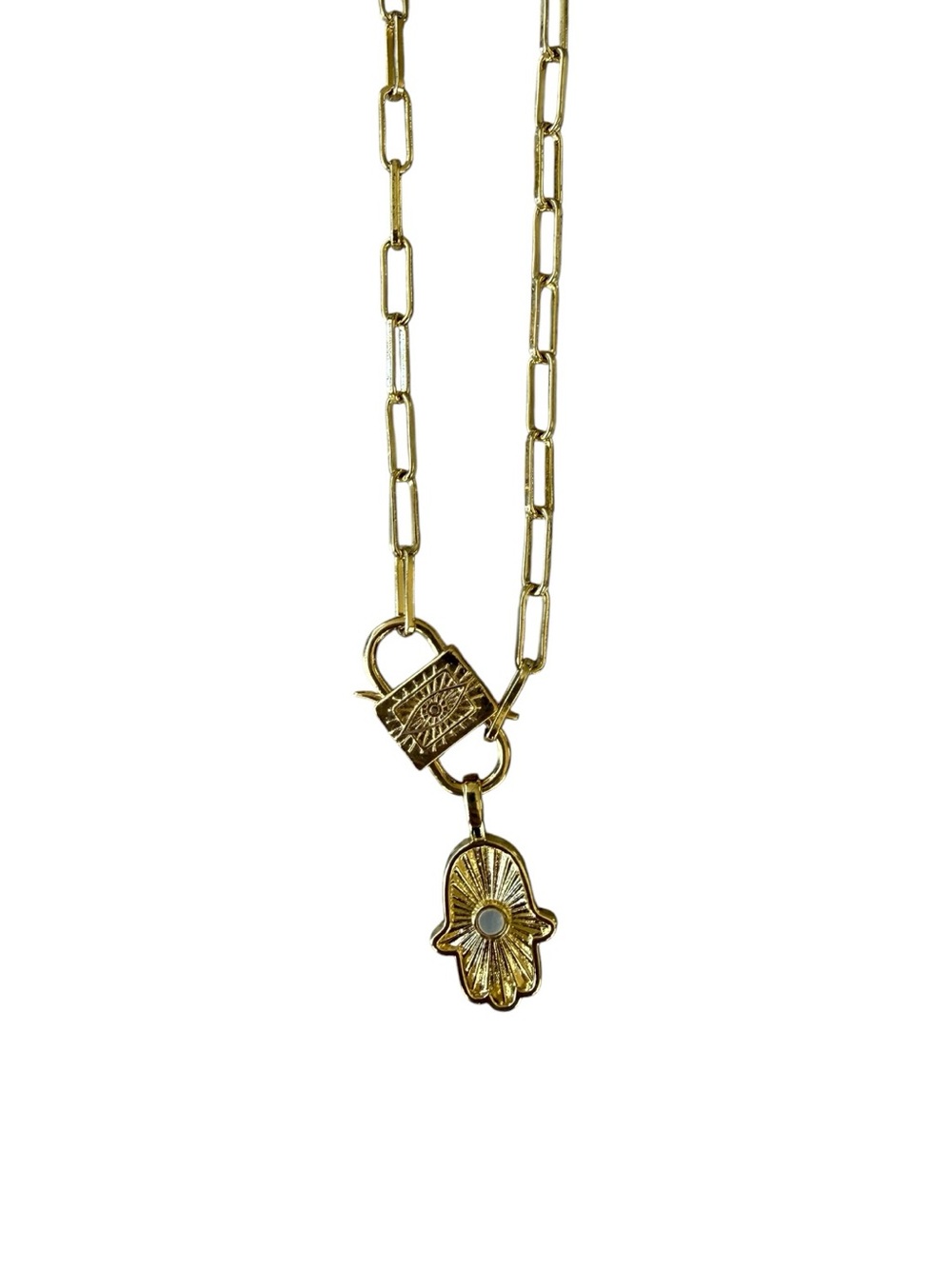 Alden Gold Paperclip Chain Necklace with Hamsa Pendant